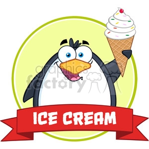 Illustration Smiling Penguin With Ice Cream Circle Banner