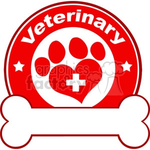 This clipart image features a red and white circular badge with the word 'Veterinary' written at the top. Inside the circle is an illustration of a paw print and a heart with a medical cross symbol in the center. Below the circle is a large bone-shaped banner.