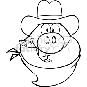 The image is a black and white clipart of a pig cartoon character. The pig is wearing a cowboy hat and has a piece of straw or grass in its mouth, reminiscent of a stereotypical cowboy. The pig's tail is visible, and it has a slight smile on its face. The drawing style is simple and humorous, making it suitable as a lighthearted illustration.