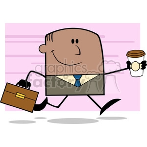 Lucky African American Businessman Running To Work With Briefcase And Coffee Cartoon Character On Background