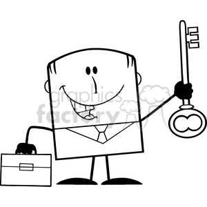 Royalty Free RF Clipart Illustration Black And White Happy Businessman With Briefcase Holding A Golden Key Cartoon Character