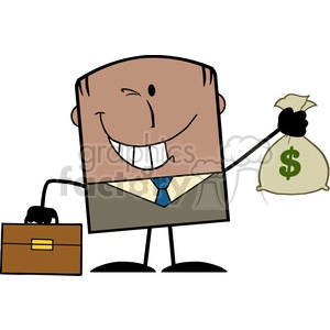 Royalty Free RF Clipart Illustration Winking African American Businessman With Briefcase Holding A Money Bag Cartoon Character On Background