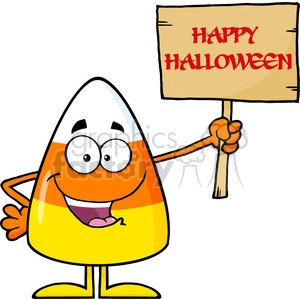 8880 Royalty Free RF Clipart Illustration Funny Candy Corn Cartoon Character Holding A Wooden Board With Text Vector Illustration Isolated On White