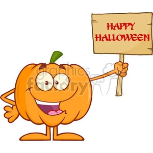 Royalty Free RF Clipart Illustration Funny Halloween Pumpkin Cartoon Mascot Character Holding A Wooden Board With Text