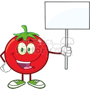 8394 Royalty Free RF Clipart Illustration Red Tomato Cartoon Mascot Character Holding Up A Blank Sign Vector Illustration Isolated On White