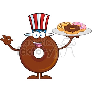 8724 Royalty Free RF Clipart Illustration American Chocolate Donut Cartoon Character Serving Donuts Vector Illustration Isolated On White