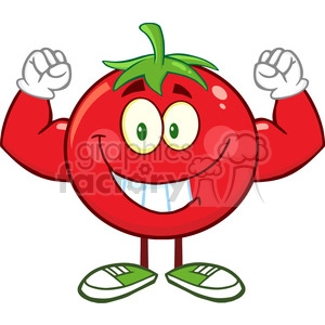 8391 Royalty Free RF Clipart Illustration Strong Tomato Cartoon Mascot Character Flexing Vector Illustration Isolated On White