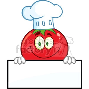 8389 Royalty Free RF Clipart Illustration Tomato Chef Cartoon Mascot Character Over A Blank Sign Vector Illustration Isolated On White