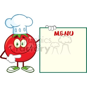8396 Royalty Free RF Clipart Illustration Smiling Tomato Chef Cartoon Mascot Character Pointing To Menu Board Vector Illustration Isolated On White