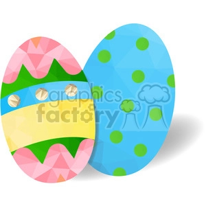Colorful clipart image featuring two Easter eggs. One egg is decorated with pink, green, yellow, and blue geometric patterns, and the other is a blue egg with green polka dots.