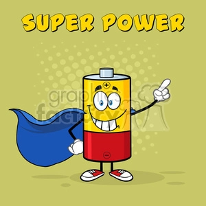 royalty free rf clipart illustration smiling battery cartoon mascot character super hero vector illustration poster with text super power and background