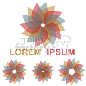 A decorative clipart image featuring translucent, overlapping petals forming pinwheel shapes in various colors, accompanied by the placeholder text 'Lorem Ipsum.'