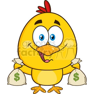 The clipart image depicts a cartoon of a yellow chick (baby chicken) with big blue eyes and a happy expression. The chick is holding two bags of money, each adorned with a dollar sign symbol, suggesting wealth or financial success.