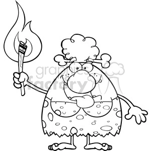 black and white smiling cave woman cartoon mascot character holding up a fiery torch vector illustration