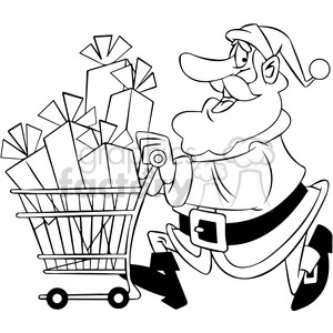 black and white santa with shopping cart full of presents