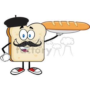 illustration bread slice cartoon character with baret and mustache presenting perfect french bread baguette vector illustration isolated on white background