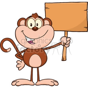 A cartoon monkey holding a blank wooden sign, with a cheerful expression.