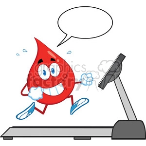 royalty free rf clipart illustration healthy blood drop cartoon character running on a treadmill with speech bubble vector illustration isolated on white