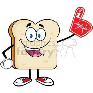 A cheerful cartoon slice of bread with arms, legs, and blue eyes, holding up a red foam finger that says '#1 DAD.' The bread character wears red and white sneakers and has a big smile.