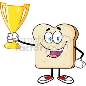 Cartoon slice of bread character holding a golden trophy and smiling. The bread character is anthropomorphized, with arms, legs, and a happy facial expression.