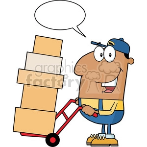delivery man cartoon character using a dolly to move boxes with speech bubble vector illustration with isolated on white