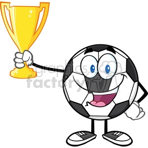 happy soccer ball cartoon character holding a golden trophy cup vector illustration isolated on white background