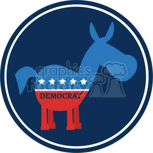 Clipart image of a donkey, symbolizing the Democratic Party in the United States, with 'Democrat' text and stars on its body, inside a blue circular badge.