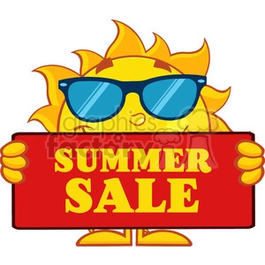 This is a colorful clipart image of a stylized sun character wearing sunglasses and holding up a sign that says SUMMER SALE. The sun has a friendly face, and the sign is bold and prominent, designed to capture attention.