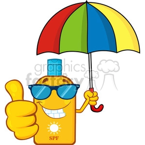 smiling bottle sunscreen cartoon mascot character with sunglasses and umbrela giving a thumbs up vector illustration isolated on white background