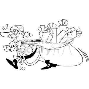 black and white santa pulling a huge bag of gifts cartoon
