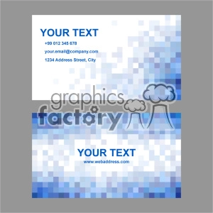 A blue and white pixelated business card template with placeholders for contact information including name, phone number, email address, and physical address.