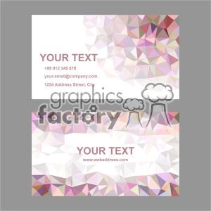A set of two geometric-themed business card templates. Both cards feature a polygonal background design in shades of pink, purple, and beige with text placeholders.