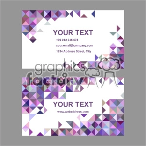 Two business card templates featuring geometric triangular patterns in shades of purple, pink, and blue at the corners. The cards have placeholder text for contact information.