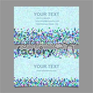 A set of two business card templates featuring a mosaic pixelated design at the top and bottom. The cards have a light blue background with placeholders for text details including a phone number, email, address, and website.