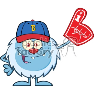 Happy Little Yeti Cartoon Mascot Character With Baseball Hat Wearing A Foam Finger Vector