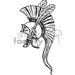 A detailed illustration of a classical warrior helmet adorned with intricate patterns and large, elaborate feathers.