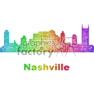 This clipart image features a colorful abstract outline of the Nashville skyline. The illustration uses a rainbow color scheme and a scribble design style. Below the skyline, the word 'Nashville' is prominently displayed in a matching gradient color.
