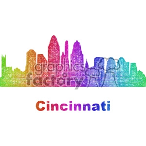 Colorful sketch-style clipart of the Cincinnati skyline with the word 'Cincinnati' written below.