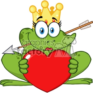 10659 Royalty Free RF Clipart Cute Princess Frog Cartoon Mascot Character With Crown And Arrow Holding A Love Heart Vector Illustration