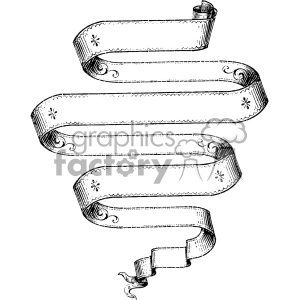 A vintage black and white clipart image of a long, decorative ribbon with intricate swirls and flower patterns, curled in a serpentine manner.