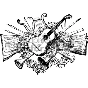 Vintage black and white clipart image featuring a collection of musical instruments, including a guitar, lyre, trumpet, and a sheet of music, adorned with flowers and ribbons.