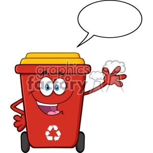 Happy Red Recycle Bin Cartoon Mascot Character Waving For Greeting With Speech Bubble Vector