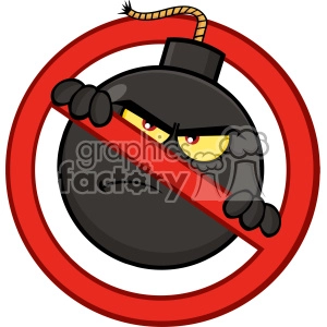 A clipart image of an angry cartoon bomb with a lit fuse, illustrated inside a red prohibition sign.