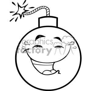 A black and white clipart image of a bomb with a lit fuse. The bomb has a happy, smiling face with closed eyes and tears of joy.