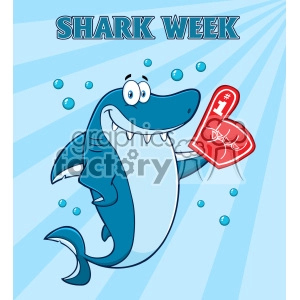 Cute Blue Shark Cartoon Wearing A Foam Finger Vector With Blue Sunburs Background And Text Shark Week