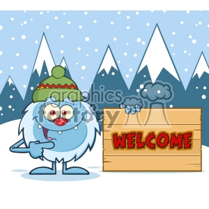 Cute Little Yeti Cartoon Mascot Character With Hat Pointing To A Welcome Wooden Sign Vector With Winter Background
