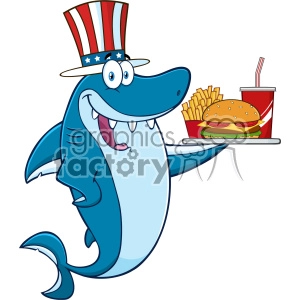 Cute Patriotic Shark Cartoon Mascot with Fast Food