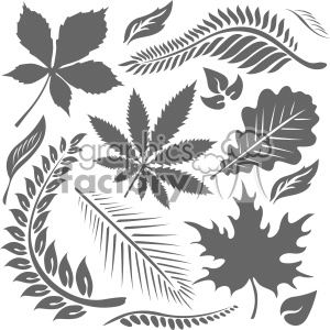 Clipart image featuring various leaf silhouettes, including different types of leaves with diverse shapes and sizes, arranged decoratively.