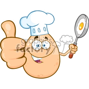 10965 Royalty Free RF Clipart Chef Egg Cartoon Mascot Character Showing Thumbs Up And Holding A Frying Pan With Food Vector Illustration