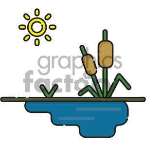 The clipart image shows a cartoon illustration of bullrushes (also known as cattails) growing in a body of water, such as a pond, lake, or river, during the summer season. The water is depicted as flowing gently, indicated by the small waves visible on its surface. The image is in a vector art style, featuring simple shapes and bold colors.
